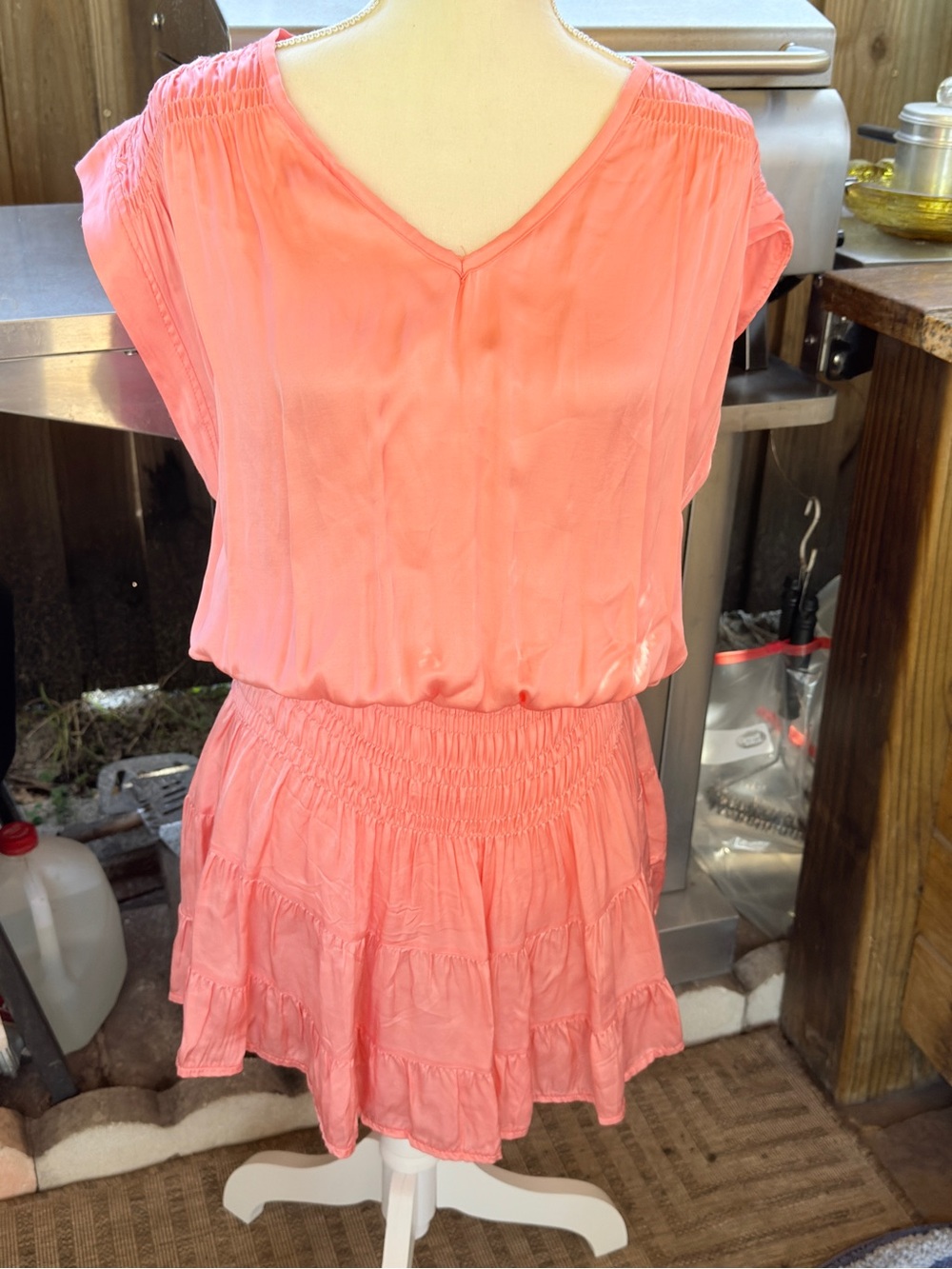 Made in Italy Coral‎ Smocked Tiered Dress Boho Chic Flowy Mini Rayon Viscose